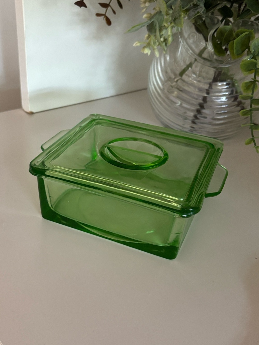 Vintage Hazel Atlas Green Uranium Glass Square Dish With Lid